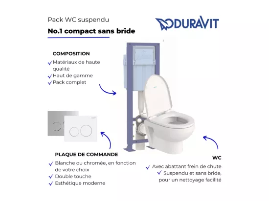 Pack WC suspendu compact sans bride DURAVIT Duravit No.1 abattant frein de chute + bati support SIAMP + Plaque de commande chromée