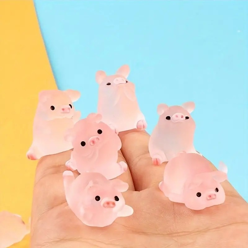 (6er Set) 22mm Fluoreszierende Schwein Figuren Leuchtende Mini Schweinchen Garten Deko Glücksbringer - Rosa