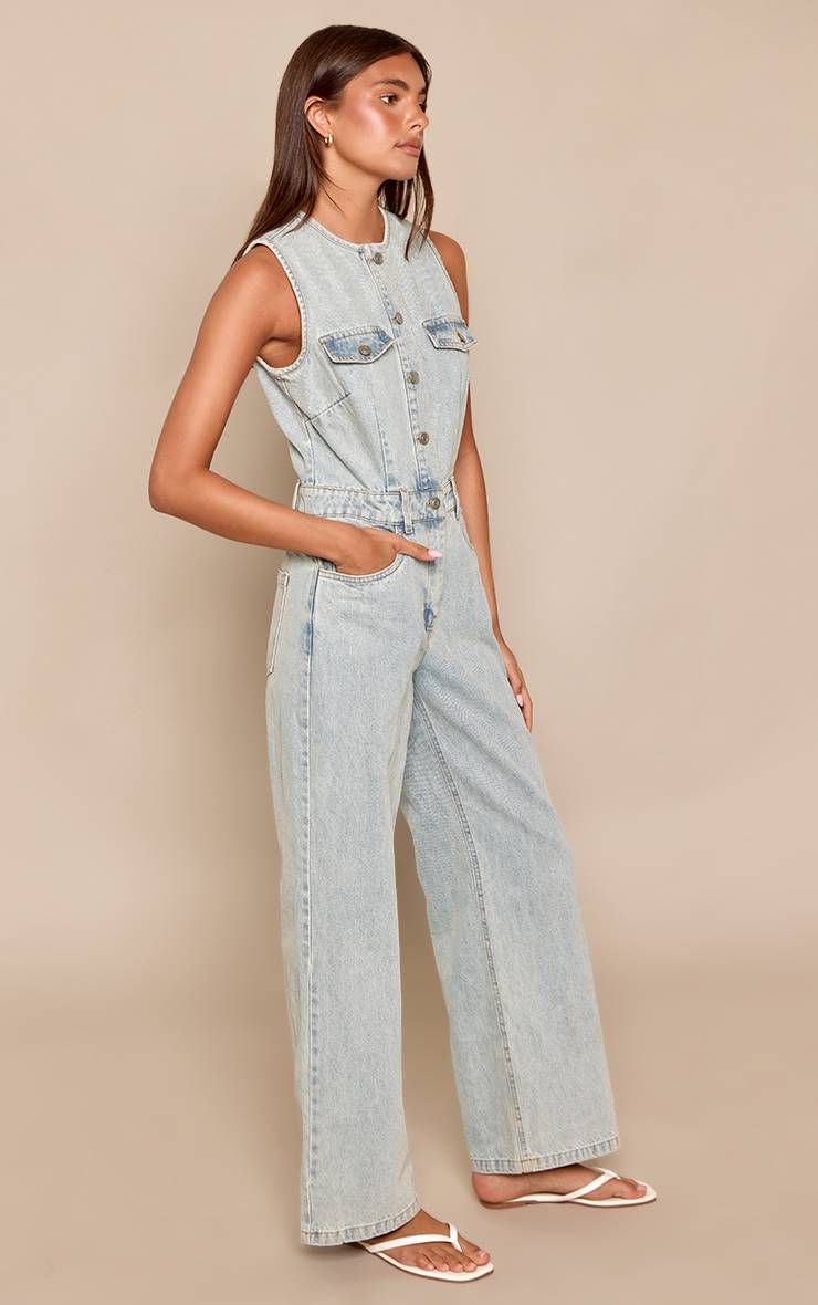 Bleu Clair Combinaison-pantalon En Denim Style Chemise Sans Manches