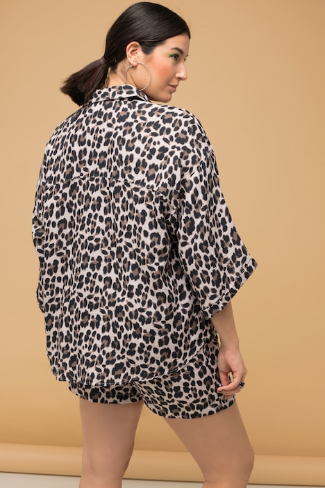 Bluse, oversized, Musselin, Leo, Hemdkragen, Halbarm