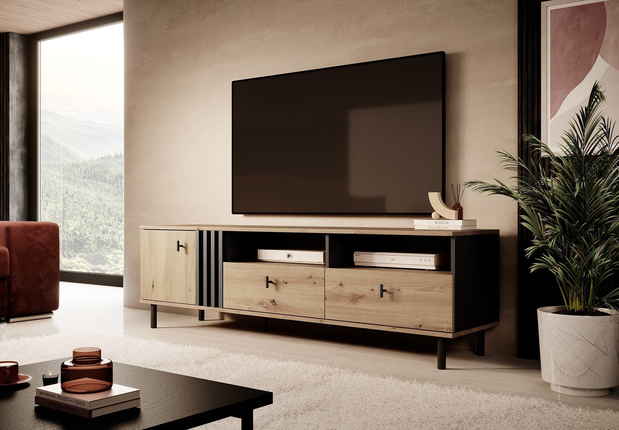 Meubella - TV-Meubel Marcos - Eiken - Antraciet - 165 cm