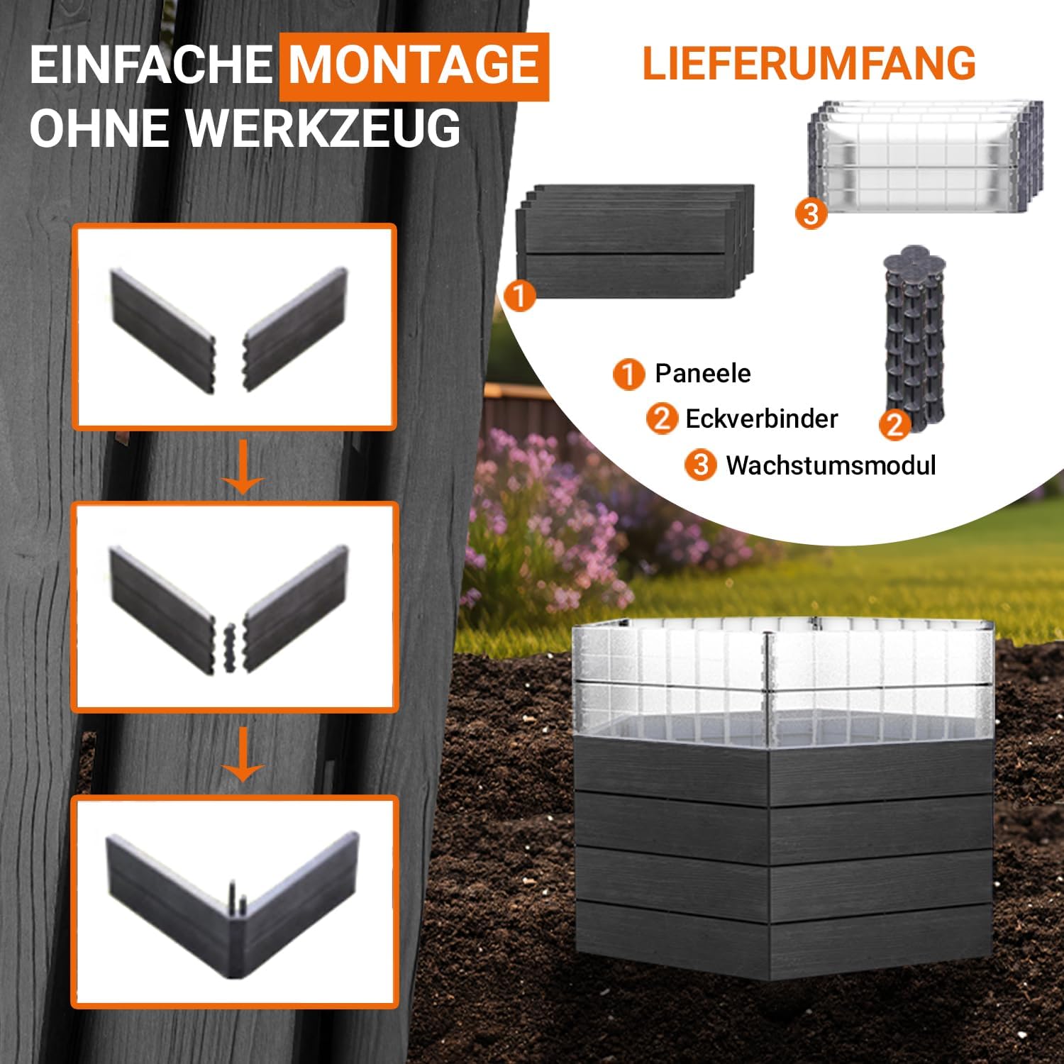 Garantia Ergo Hochbeet Turbo L 75 Wood – Hochbeet Kunststoff für Garten groß – Modulares Stecksystem sechseckig in Holzoptik – Pflanzbeet Outdoor für Gemüse, Kräuter oder Blumen