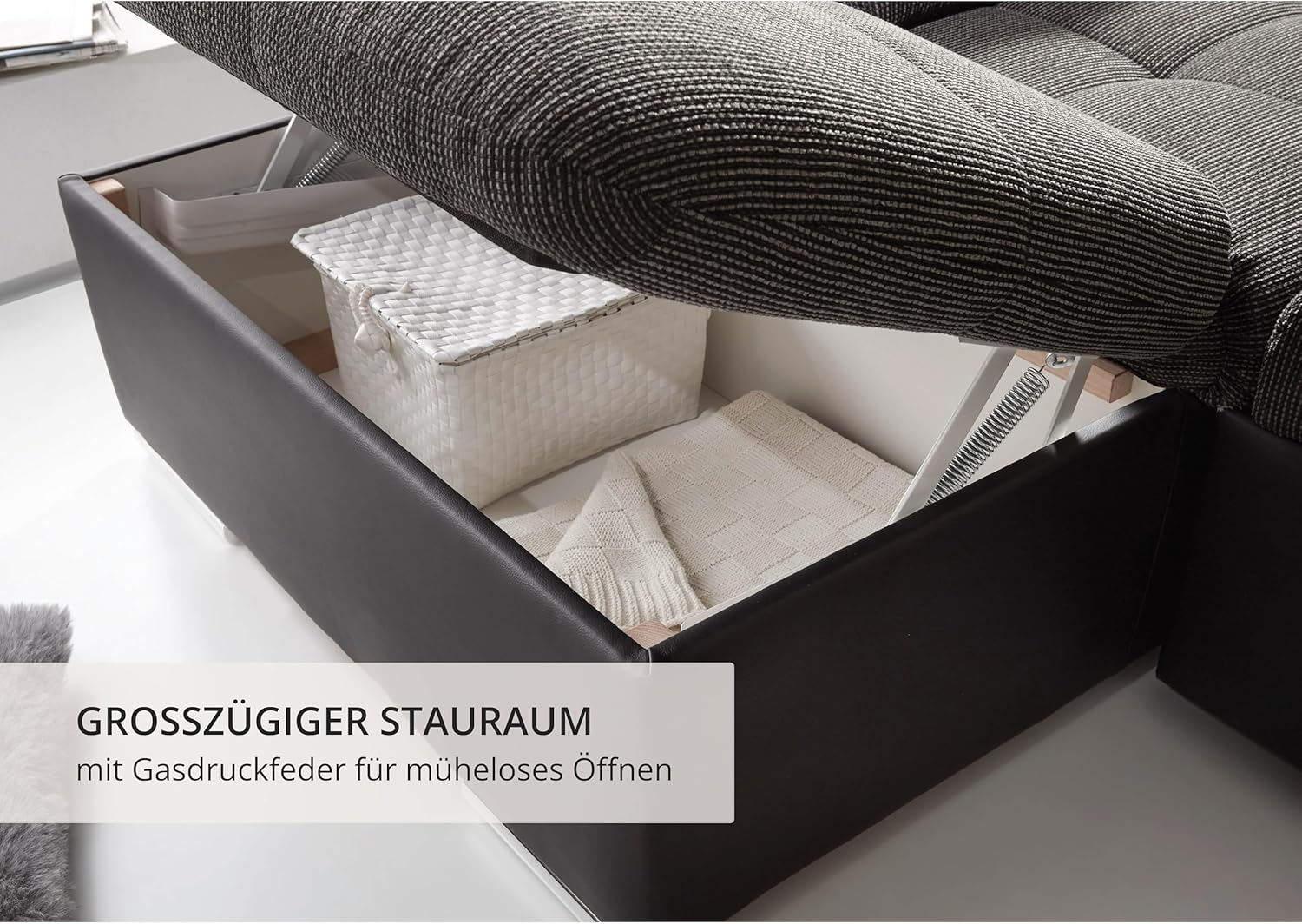 JAKARTA Wohnlandschaft in U-Form in Lederoptik, Dunkelgrau / Anthrazit - Ausziehbares Sofa mit Schlaffunktion & Bettkasten - 324 x 107 x 170 (218) cm (B/H/T)
