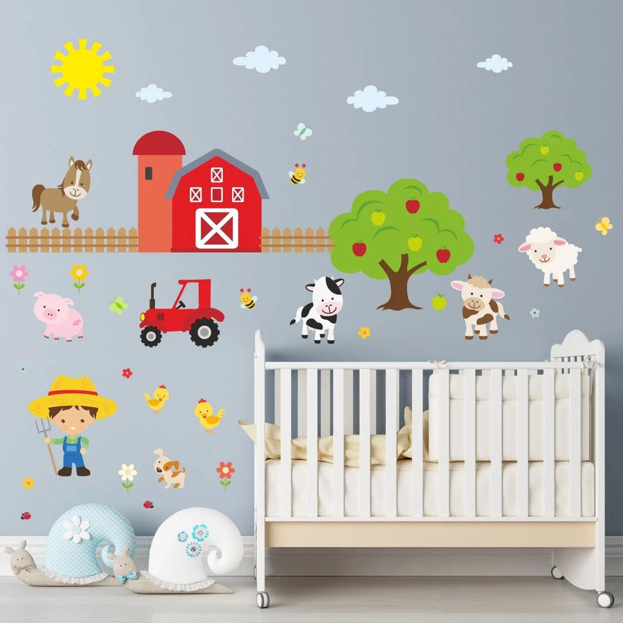 Nikima Wandtattoo 014 Wandtattoo Bauernhof modern Farm Ziege Schaf Schwein Pferd Küken Baum Apfel bunt