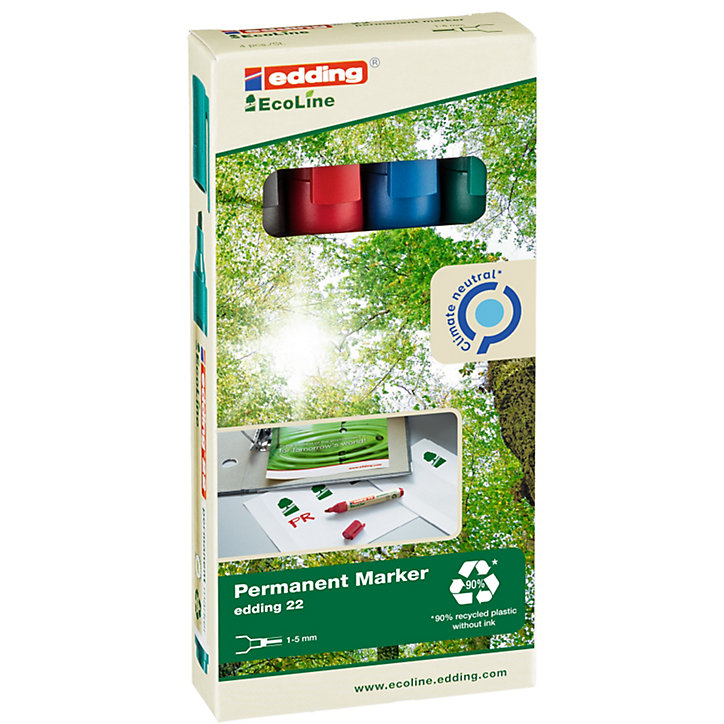 Marqueur permanent 4 couleurs Edding Ecoline e-22 pointe de 1 à 5 mm, lot de 4