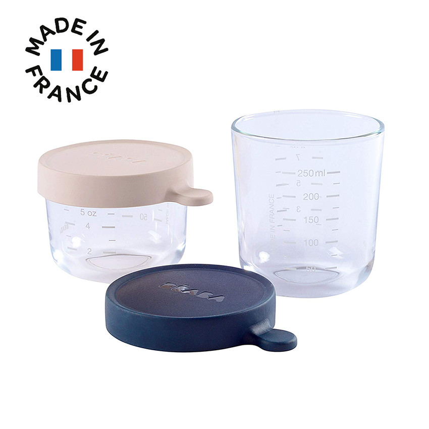 Set de 2 pots de conservation en verre 150/250ml - Bleu/Rose Foncé