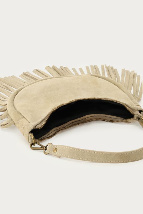 Beige suède schoudertas met franjes