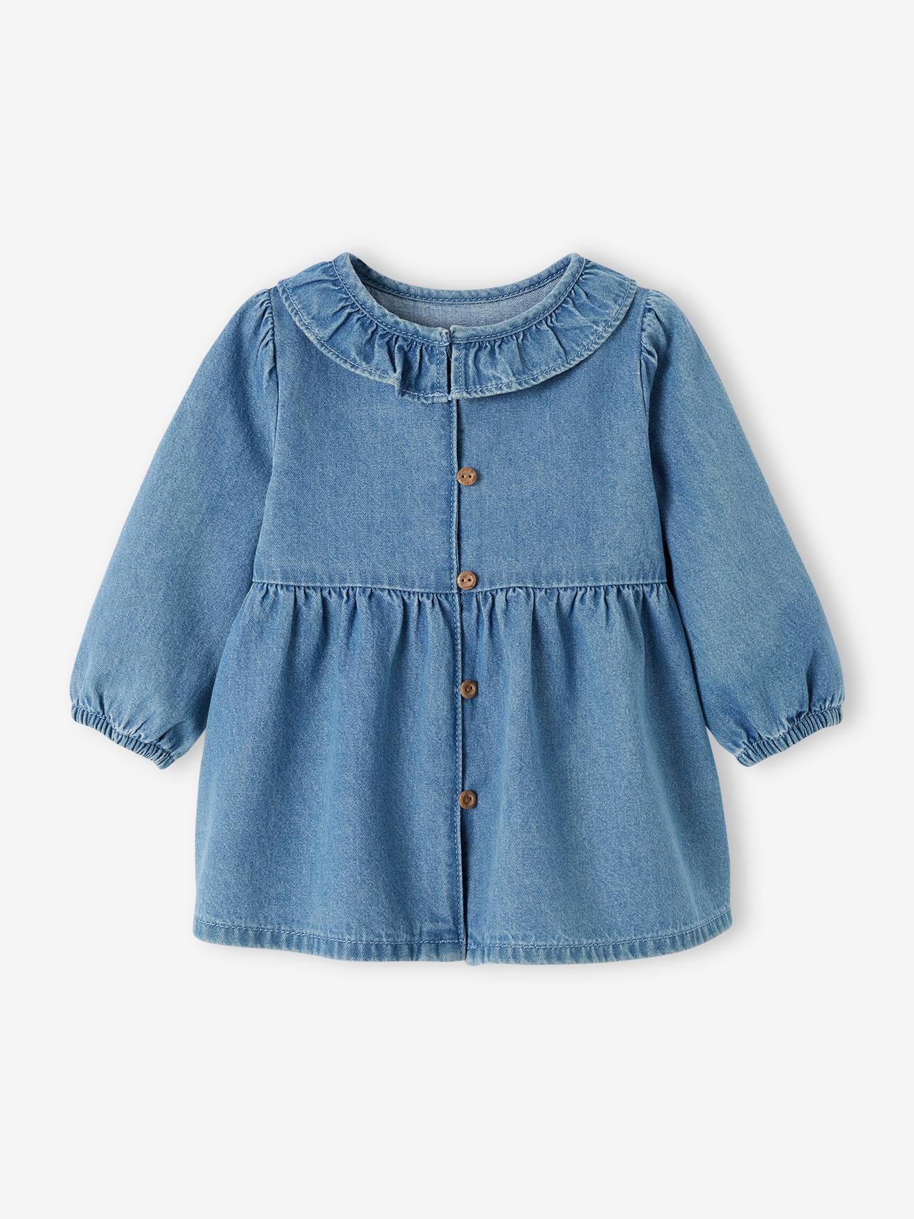 Vestido jeans infantil com gola franzida, cor pedra