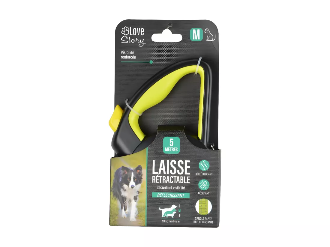 Laisse rétractable en plastique pour chein de 20 kg max - Jaune/Noir - Taille M (5m)