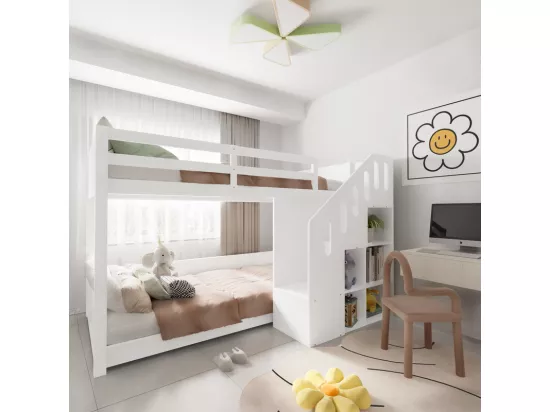 Lit superposé pour enfant - 2x90x200 cm - avec casier d'escalier et garde-corps - Blanc (sans matelas)