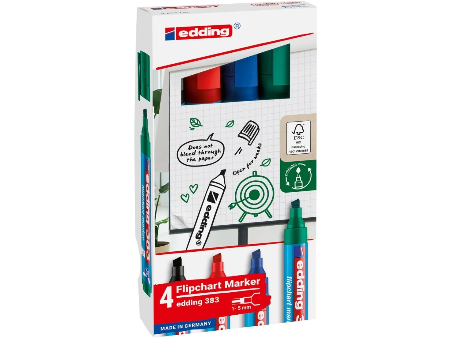 Edding 383 Flipchart, 4 stk, Sort, Blå, Grøn, Rød, Mejselspids, Plast, Rund, 1 mm