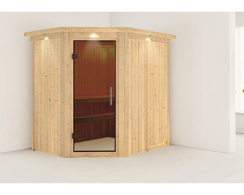 Karibu Laja plug & play sauna zonder kachel, met dakrand en grafietkleurige volledig glazen deur