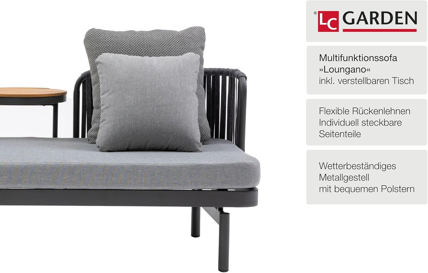 LC Garden »Loungano« Lounge Sofa Rope Multifunktionssofa inkl. Tisch verstellbar Polstergarnitur (Anthrazit)