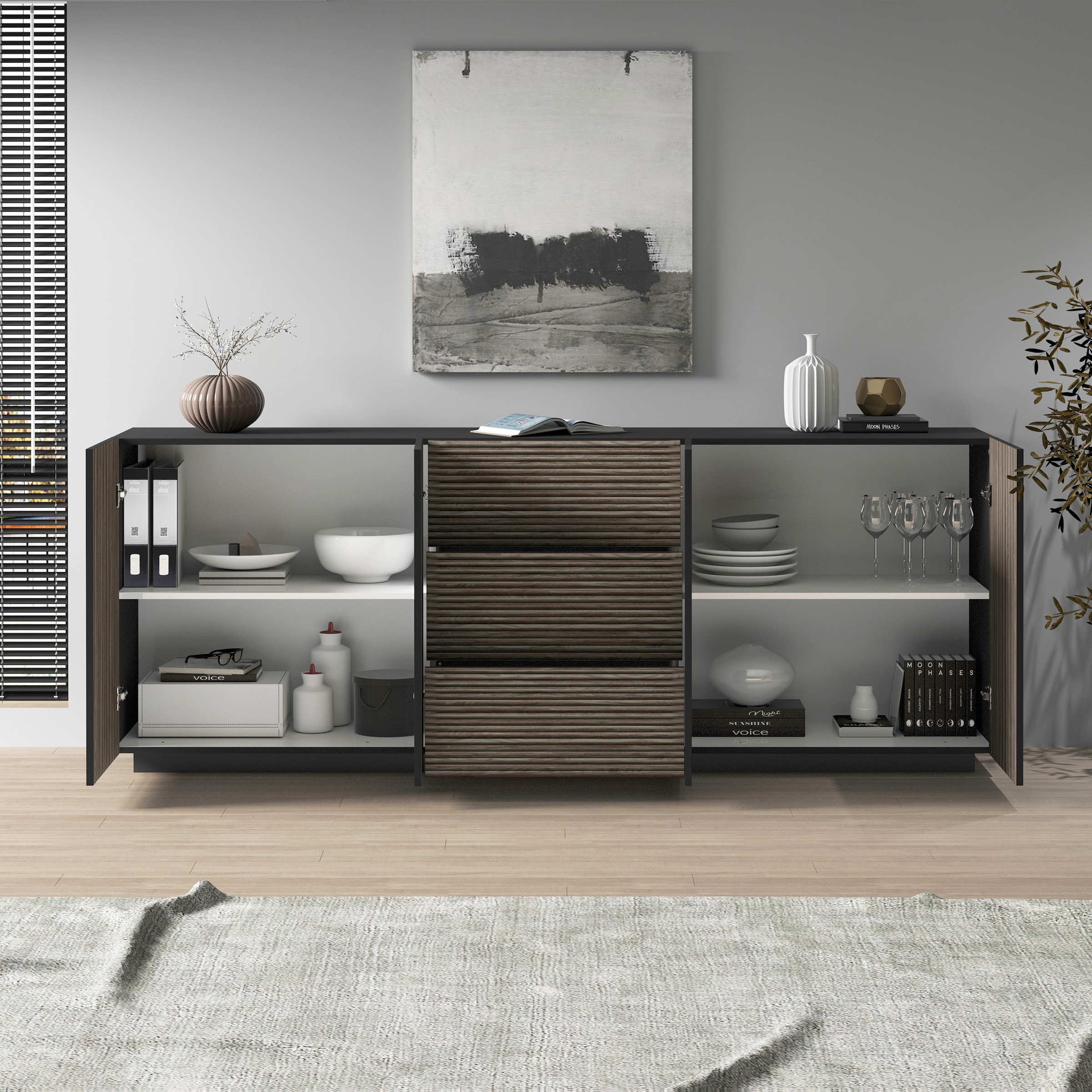 INOSIGN Sideboard »Vega Sideboard,Kommode,220 cm« mit 4 Türen und 3 Schubladen,Fronten mit Rillen-Optik