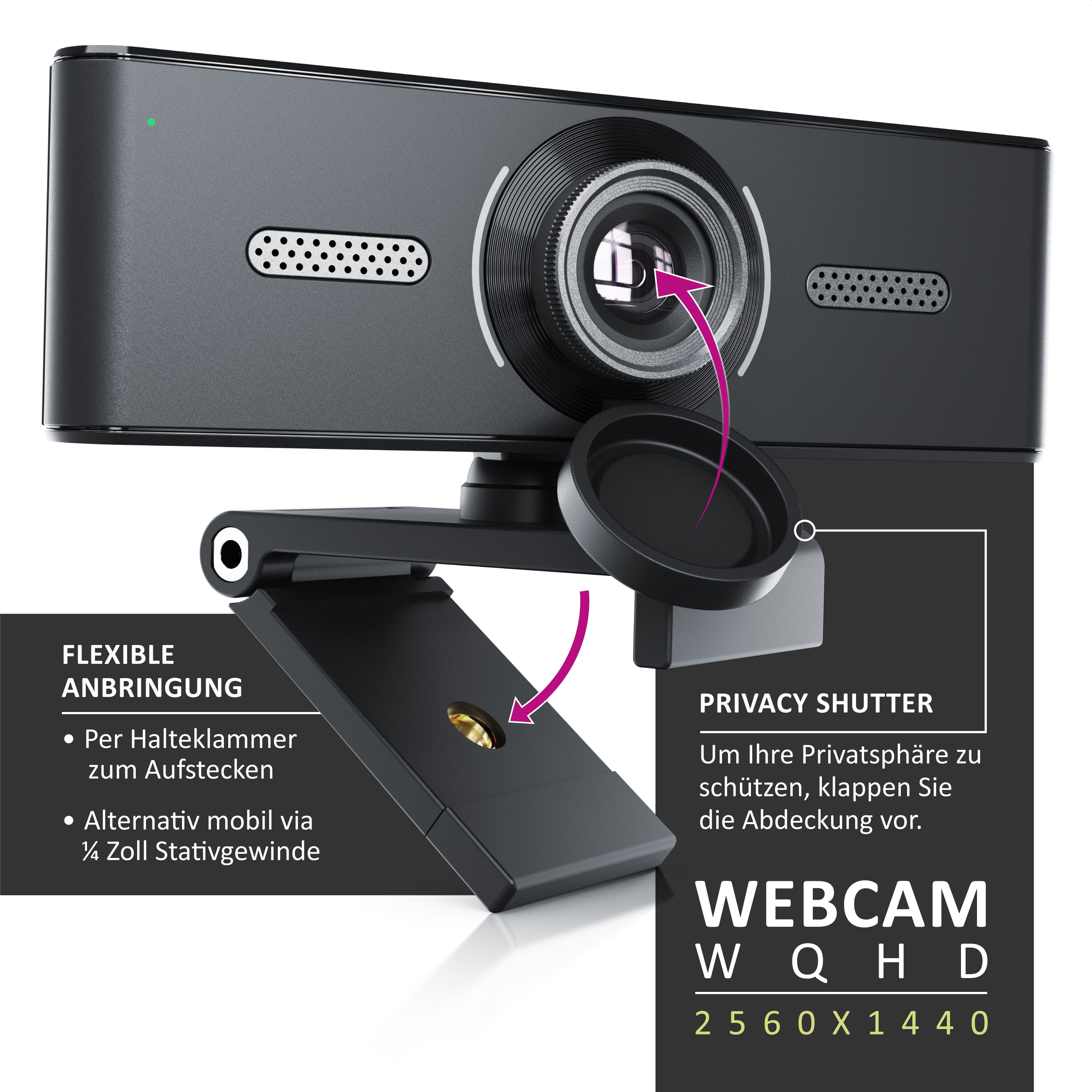 Aplic Webcam 2K - 1440p - 2560 x 1440 @ 30 Hz - Full-HD mit 60 Hz - manueller Fokus - Dual Mikrofone - Stativgewinde 1/4 Zoll - schwenkbare Halterung
