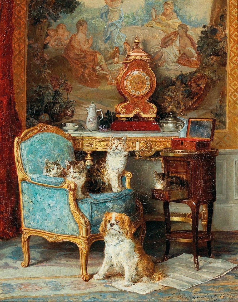 Famille de chats et chien de lambert