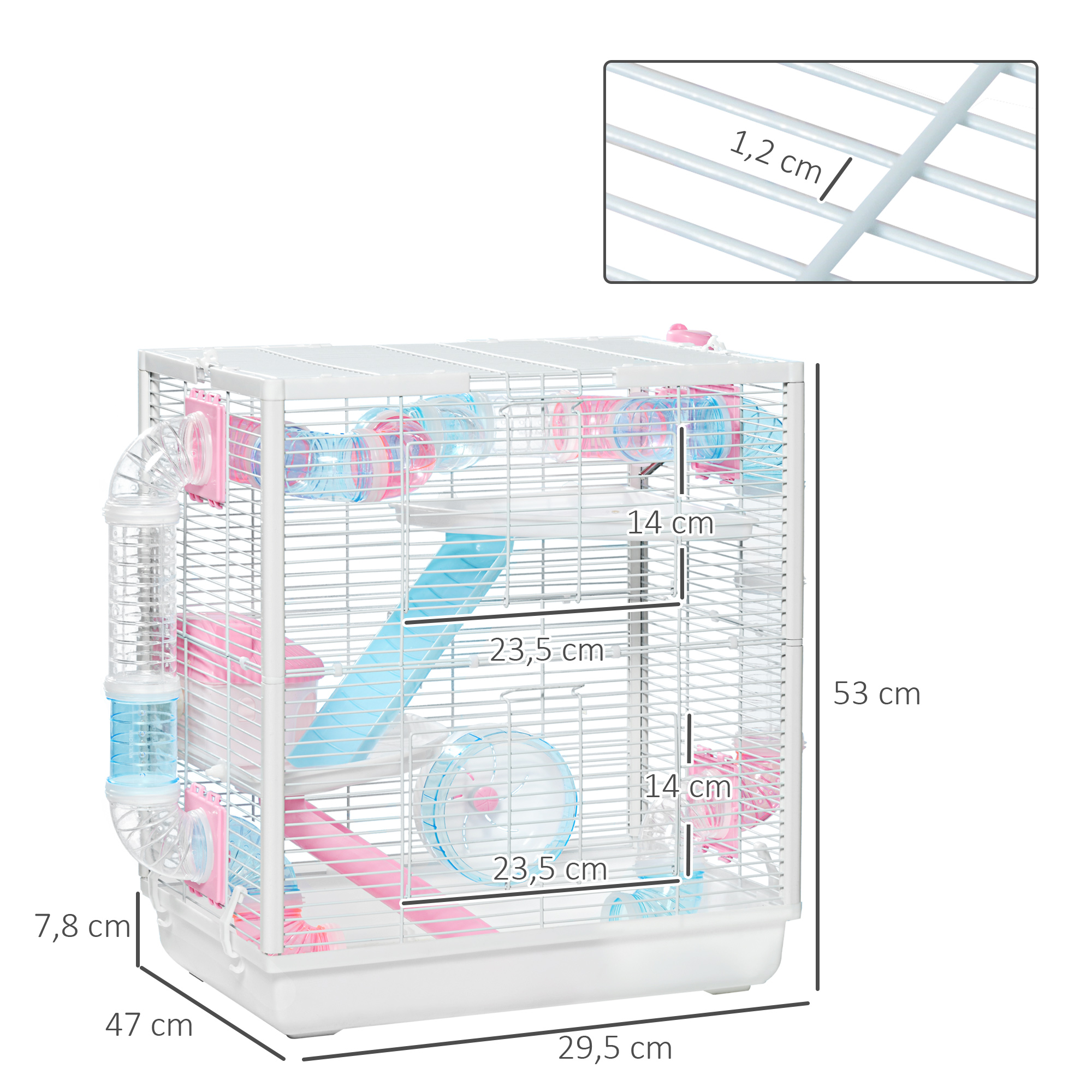 Gaiola PawHut para Hamster com Túneis, 47x29,5x53 cm, com 2 Portas, Bandeja, Comedouro, Cabana, 2 Rampas e Roda de Exercícios, Branca
