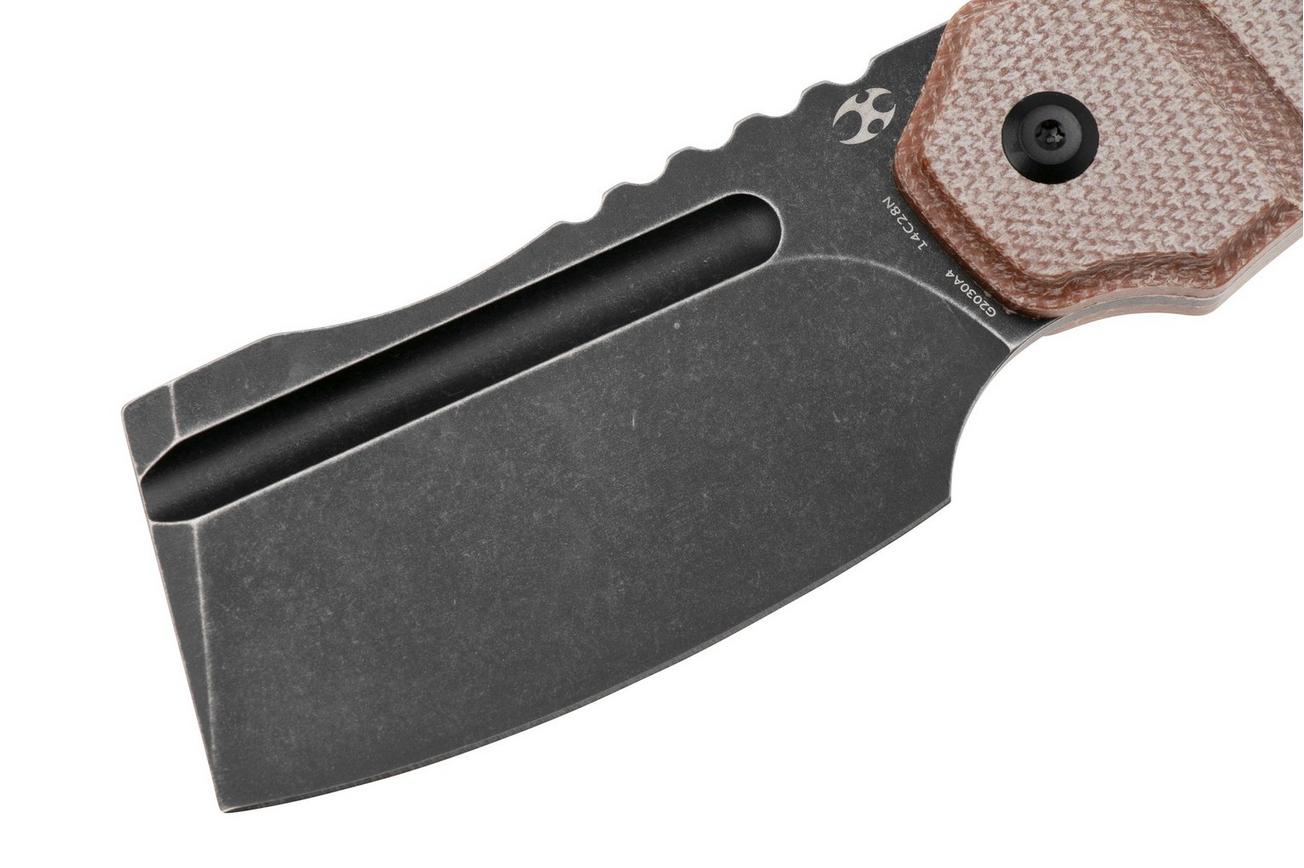 Kansept Korvid S G2030A4 Blackwashed 14C28N, Brown Micarta, vaststaand mes, Justin Koch design
