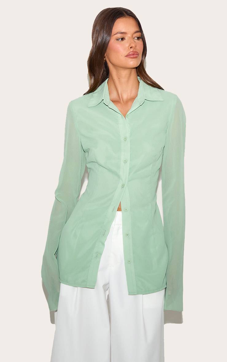 Pale Lime Chemise En Mousseline Ajustée Imprimée
