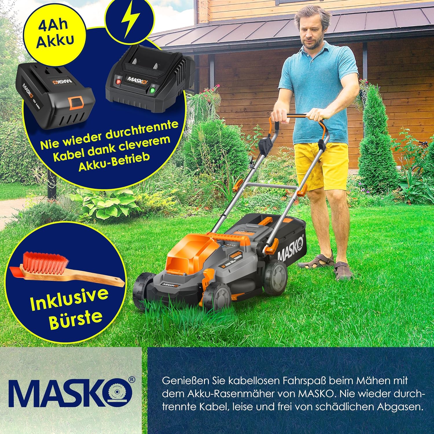 MASKO® Akku Rasenmäher mit Mulchfunktion, Akku Li-Ion Batterie 4Ah & Ladegerät Rasentrimmer 33cm Schnitt-Breite 5X Höhenverstellbar 30L Fangkorb Flächen bis 150m² inkl. Handschuhe & Bürste