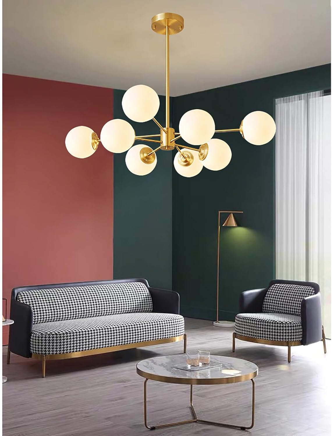 Mid Century Modern Kronleuchter, Sputnik Deckenleuchte Milchglas Kugel Leuchte, Pendelleuchte Aus Gebürstetem Messing für Wohnzimmer Esszimmer Schlafzimmer Kücheninsel(16 Lights, Glossy)
