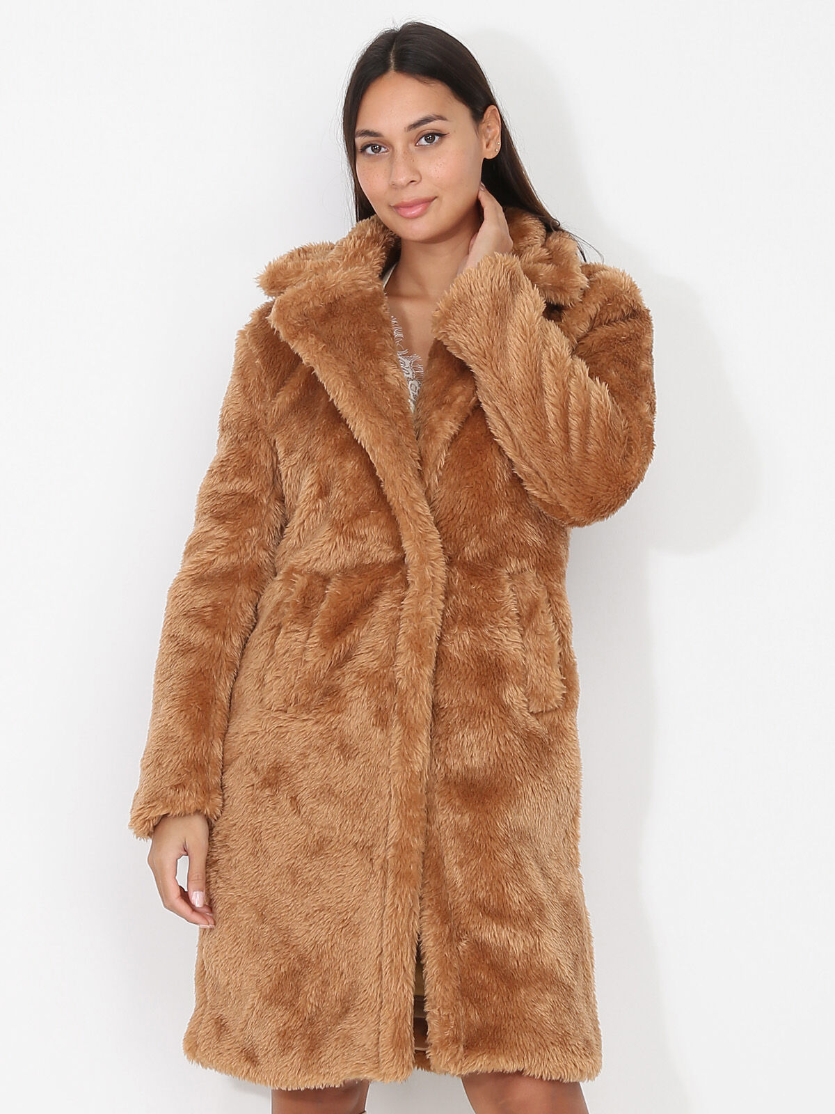 Manteau oversize en fausse fourrure- Marron