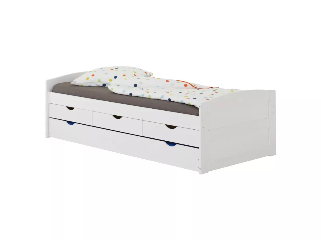 Lit gigogne JESSY lit enfant fonctionnel avec tiroir-lit et rangements 3 tiroirs, couchage 90 x 200 cm, en pin massif lasuré blanc