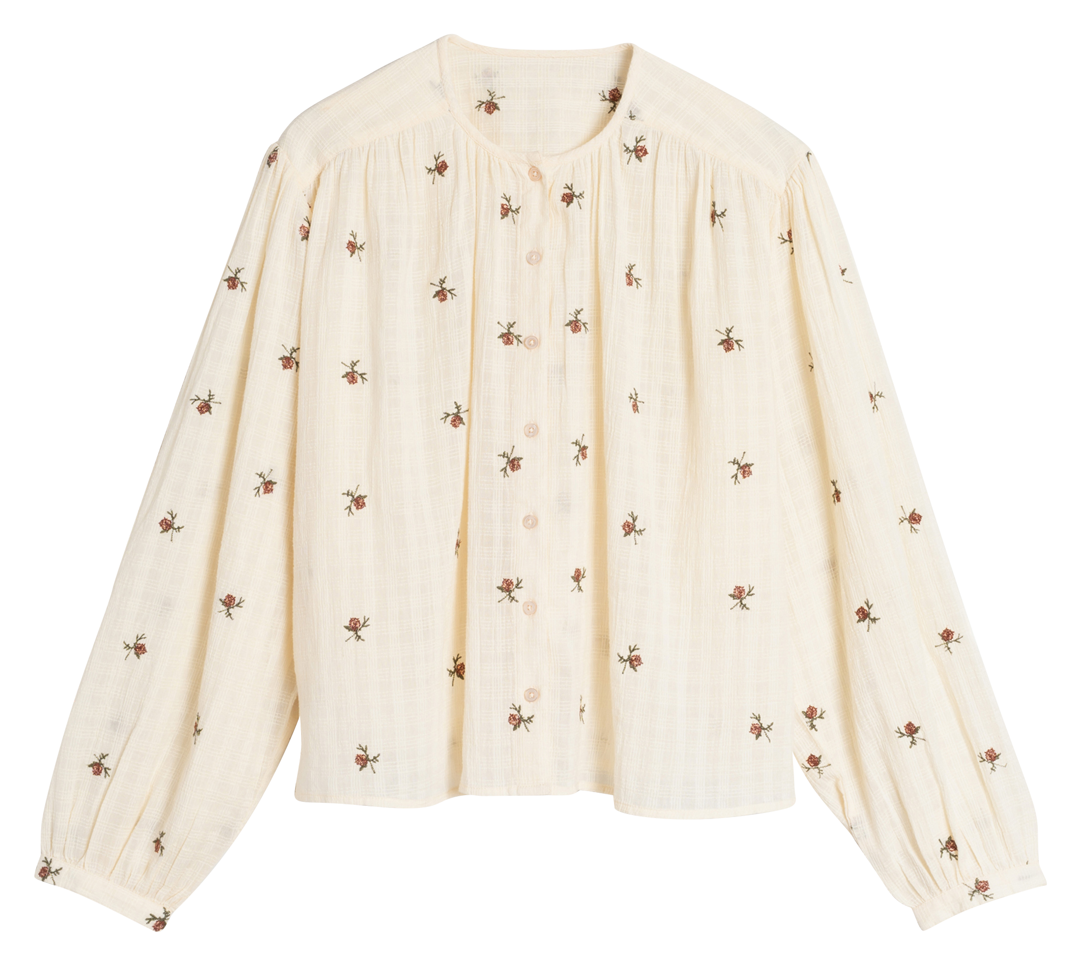Chemise ample col rond brodée en coton | Blanc