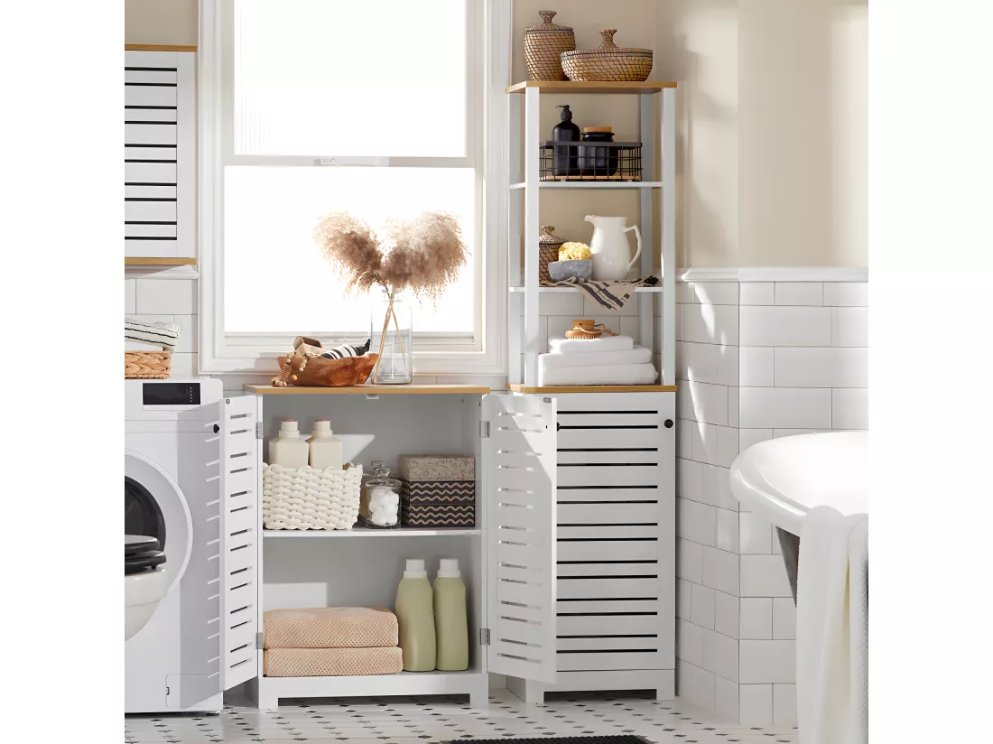 Meuble Bas Placard De Rangement Armoire Meuble De Salle De Bain Avec 2 Portes Persiennes, BZr41-w