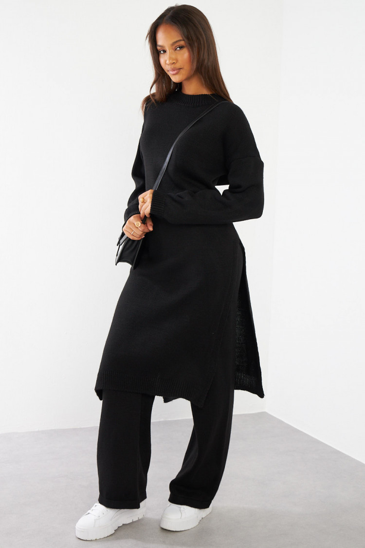 Ensemble 2 pièces pull long + pantalon en laine noir