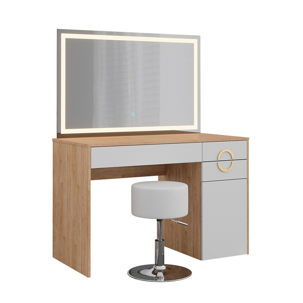 Vicco Schminktisch Adela Natural Rockford Weiß, 115x76 cm LED-Spiegel, Hocker