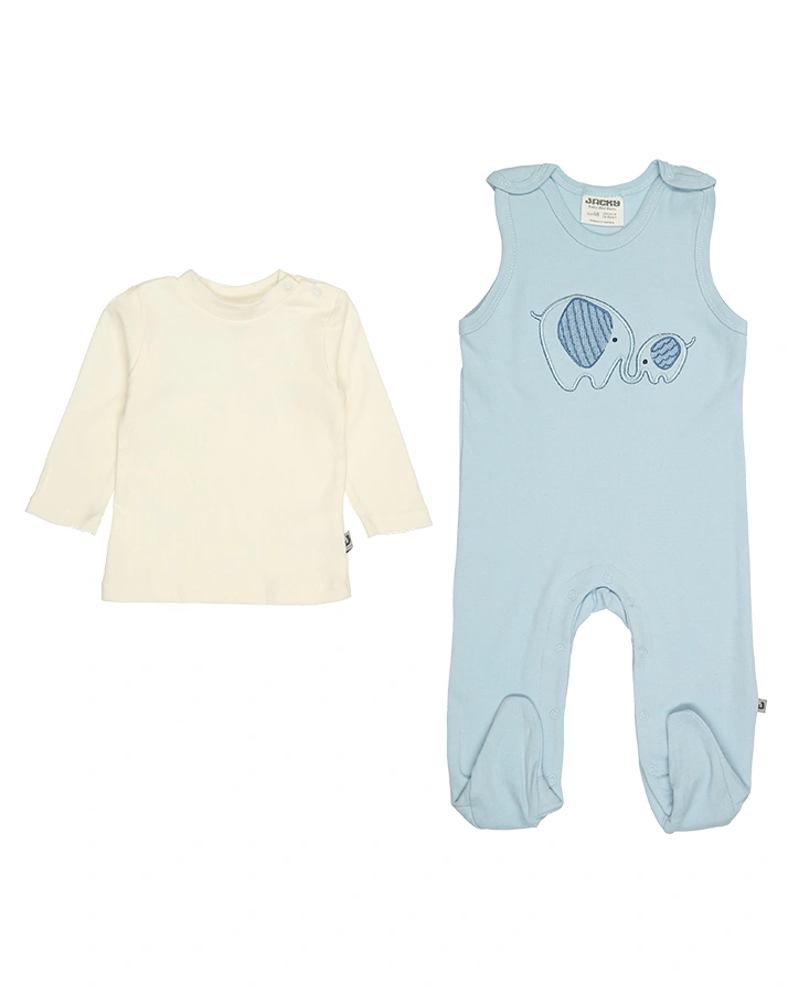 Strampler ELEFANTEN mit Langarmshirt in hellblau/weiß