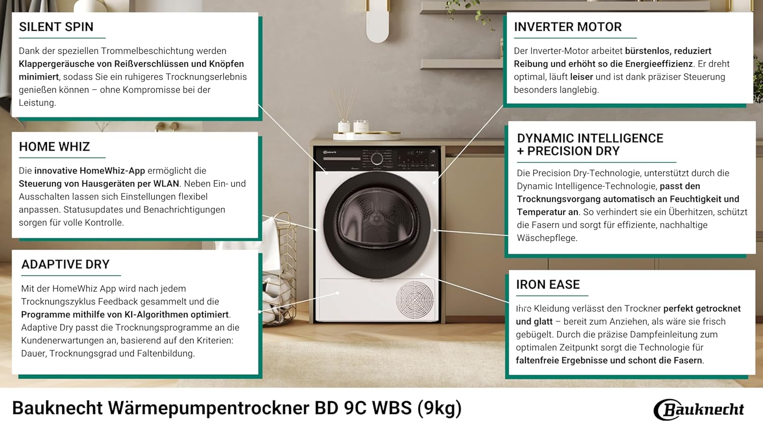 Bauknecht BD 9C WBS Wärmepumpentrockner / 9 kg/Precision Dry - Intelligentes Trocknen/Inverter Motor/Silent Spin – leises Trocknen/HomeWhiz App - schnelle und intuitive Bedienung