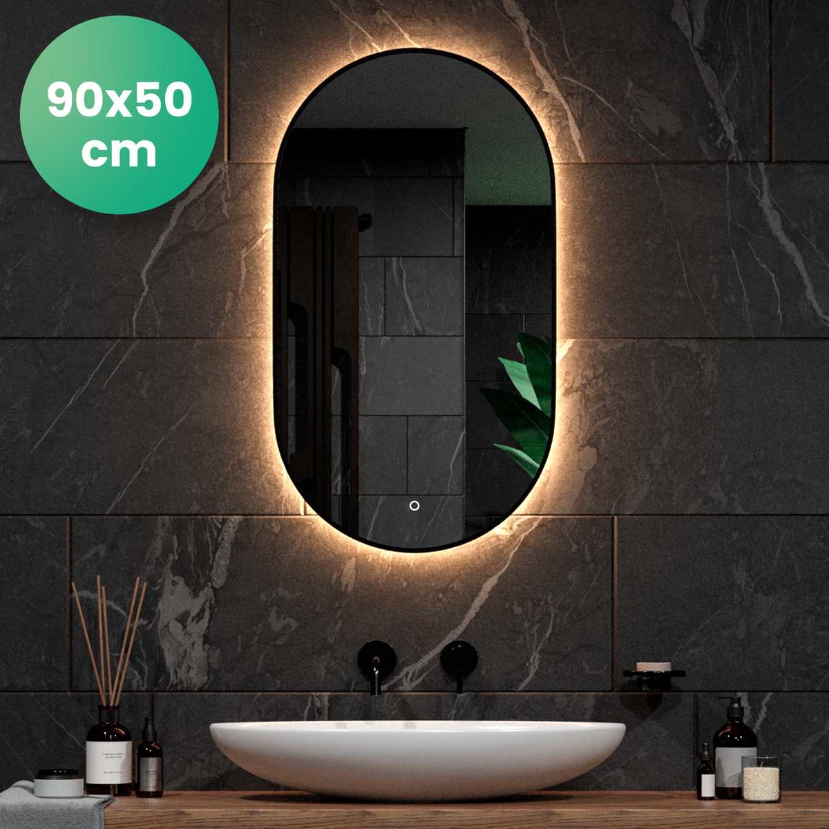 Mirlux badkamerspiegel met LED-verlichting en verwarming, ovale wandspiegel, anti-condens douchespiegel, zwart, 90x50cm