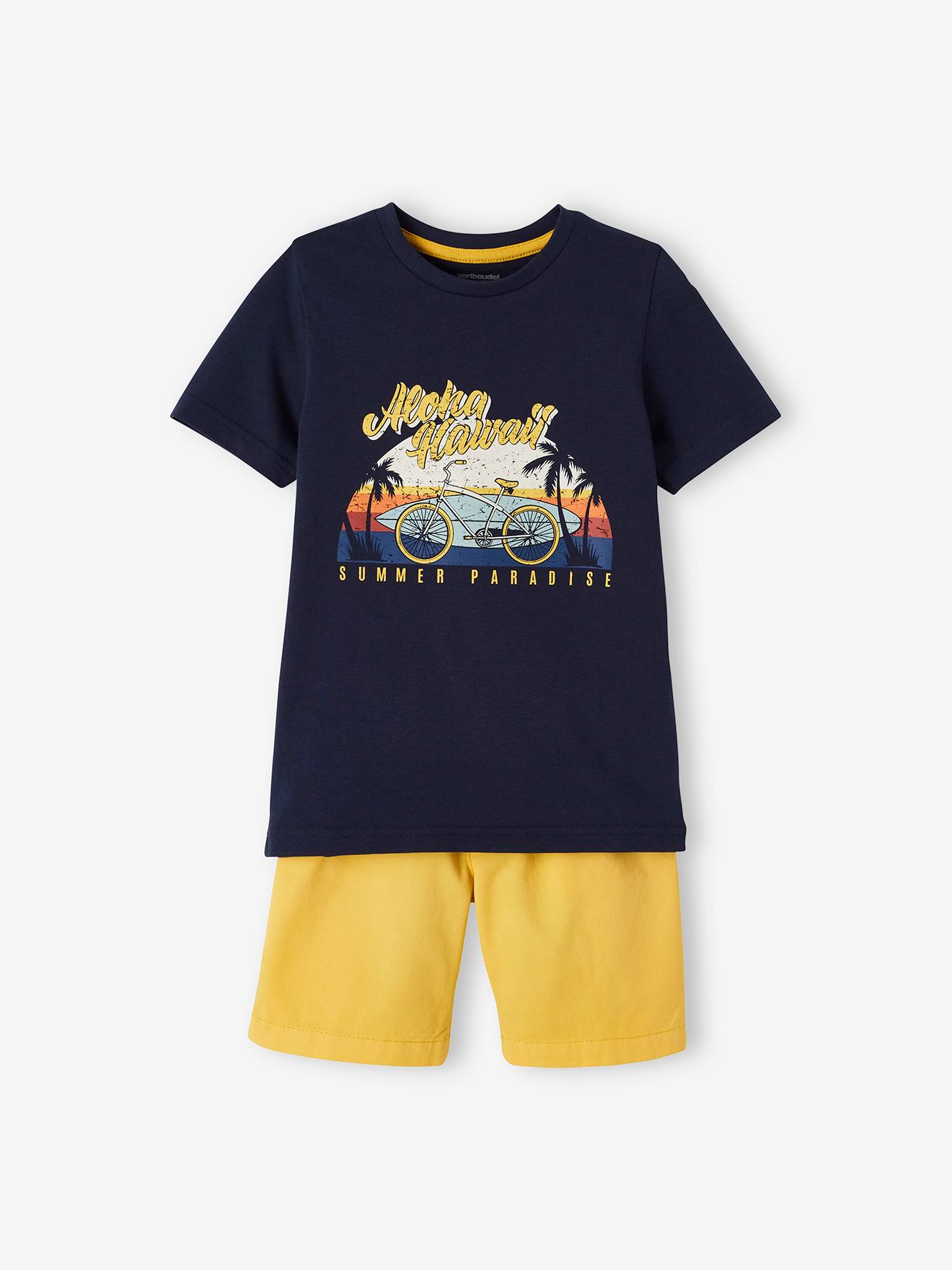 Conjunto de camiseta e bermuda de lona com tema havaiano para meninos, amarelo liso tamanho médio