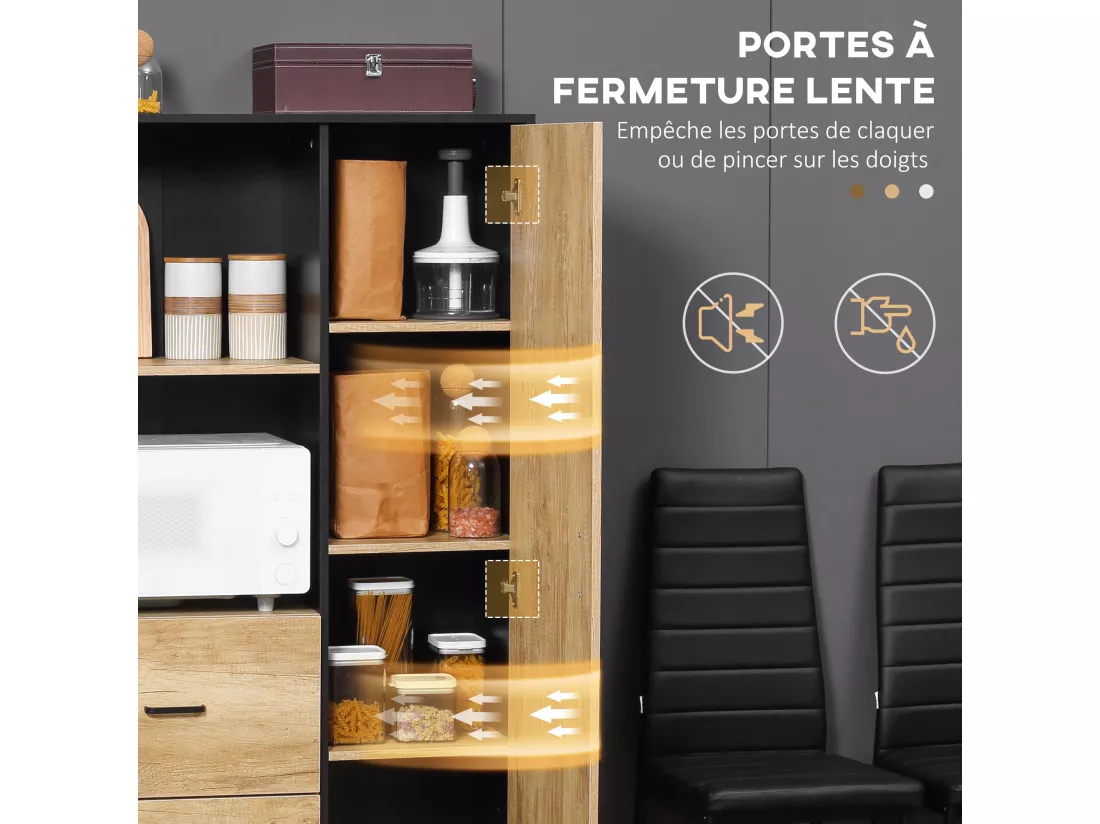 Buffet haut multi-rangement une porte 3 étagères 2 tiroirs 2 niches piètement acier noir aspect chêne clair