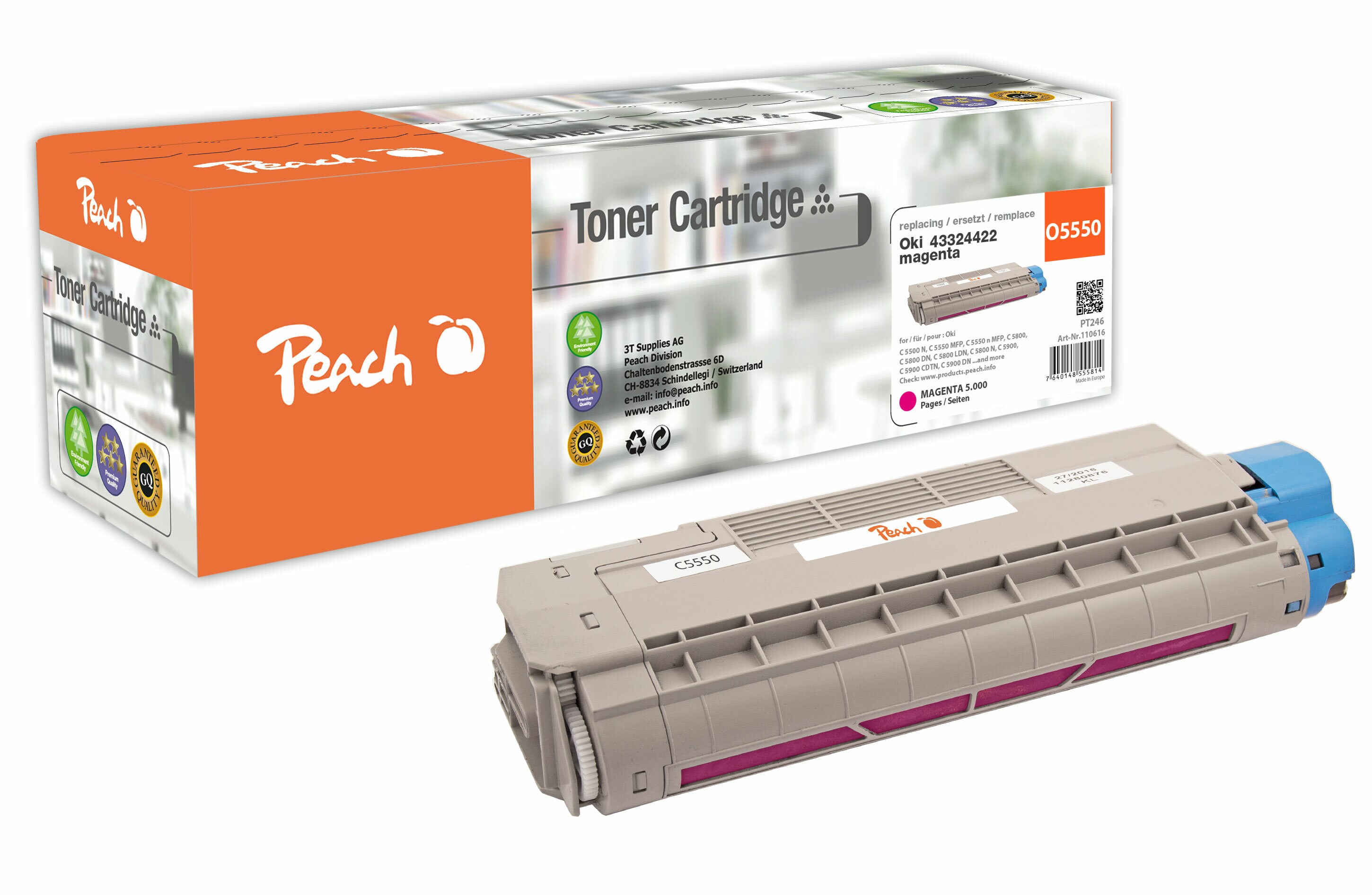 Peach O4332/36/38 Toner ma ersetzt OKI 43324422 für z.B. OKI C 5500 N, OKI C 5550 MFP, OKI C 5550 n MFP, OKI C 5800, OKI C 5800 DN, OKI C 5800 N (wiederaufbereitet)