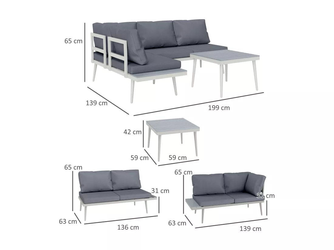 Ensemble salon de jardin modulable 4 personnes 3 pièces design métal crème coussins gris