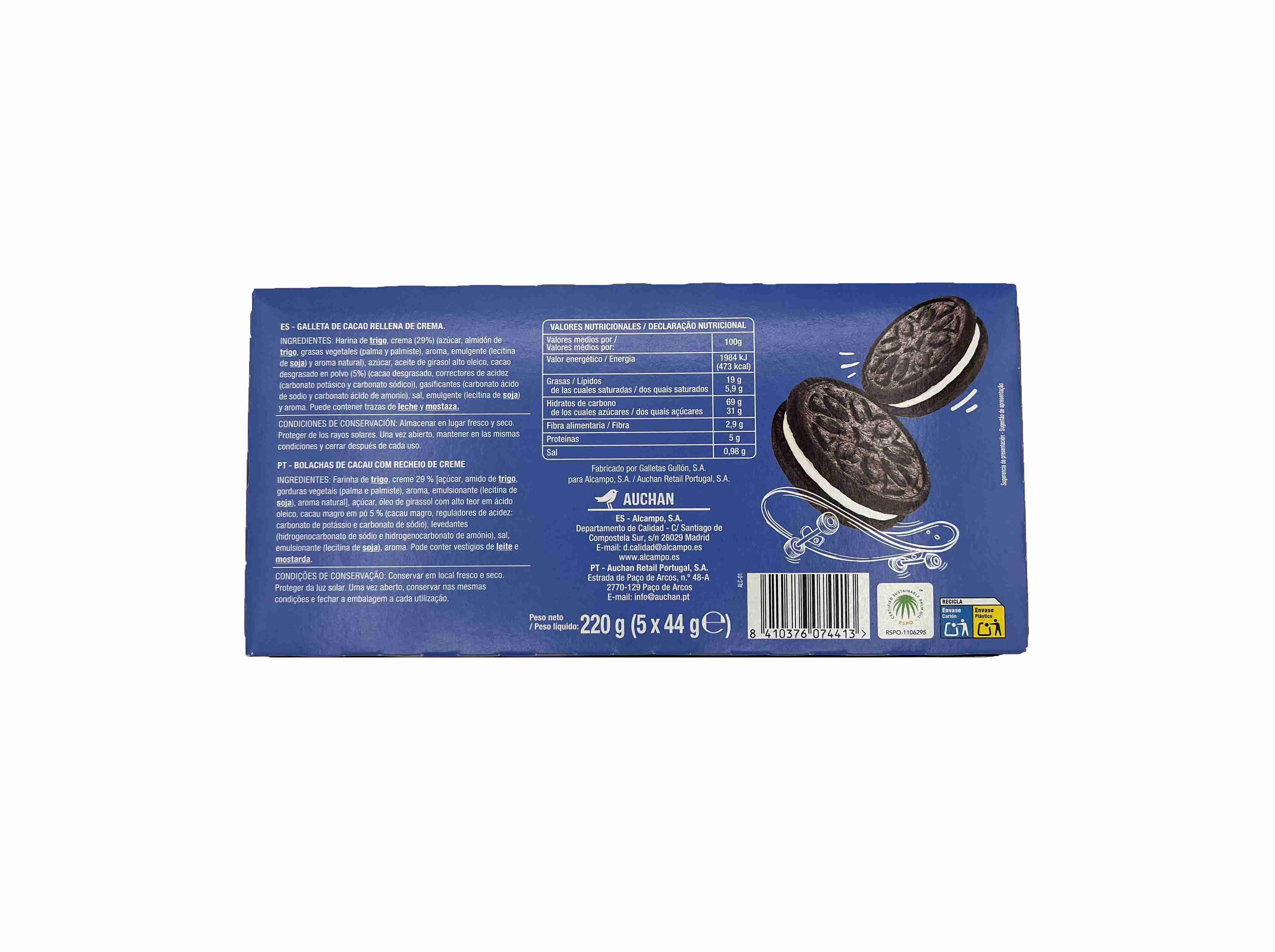 BOLACHA AUCHAN SANDWICH CACAU 220G