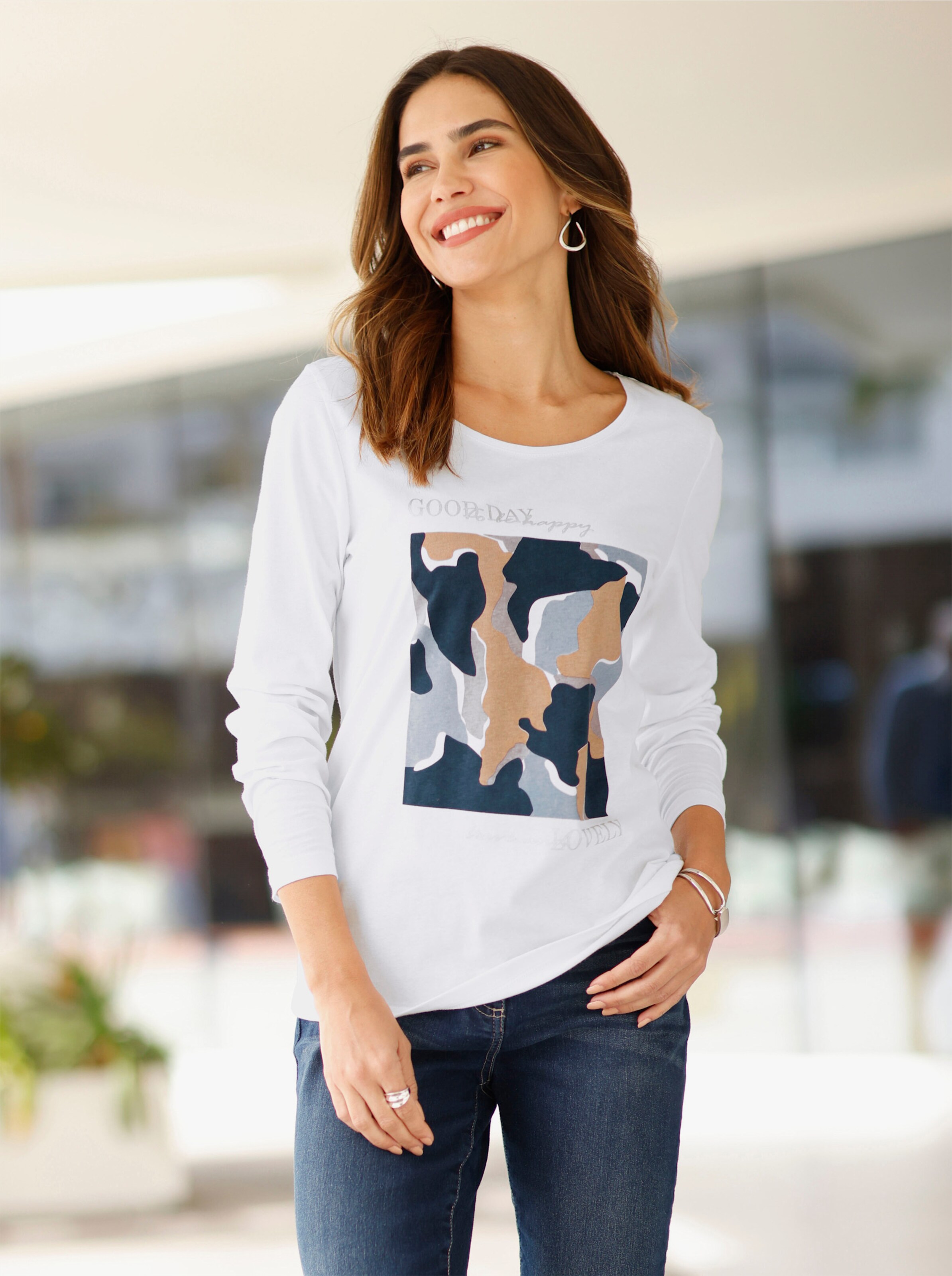 Langarmshirt mit silberfarbenem Print