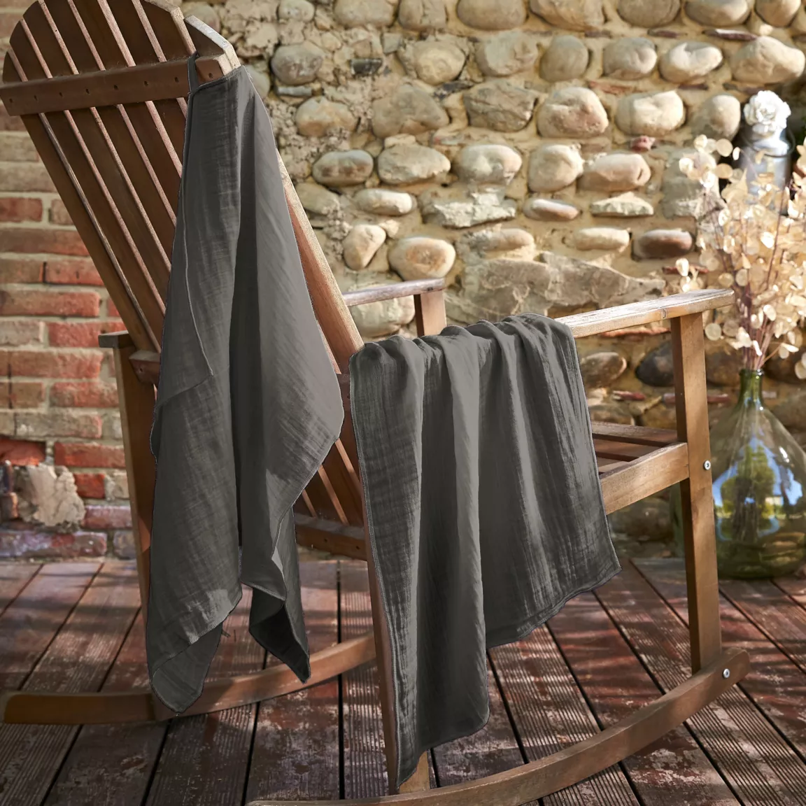 Lot de 2 essuie-mains gaze de coton (70 cm) Gaïa Gris granit