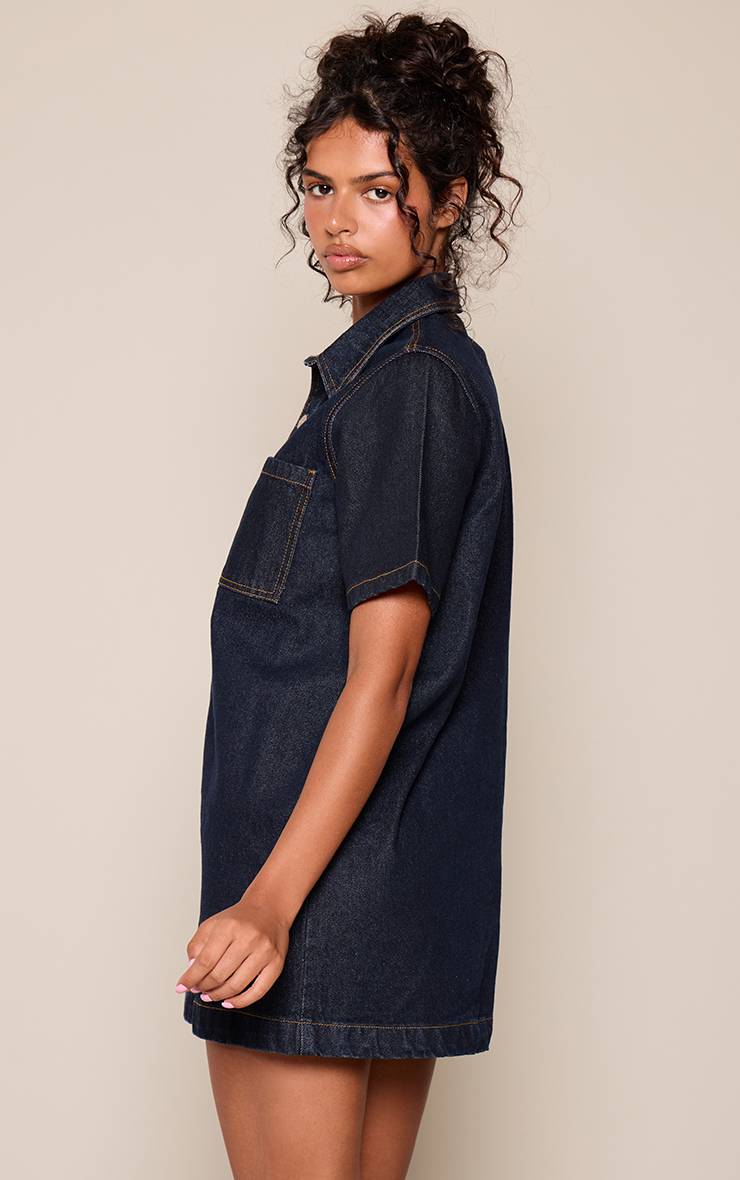 Bleu Indigo Robe Chemise En Denim À Surpiqûres Contrastées