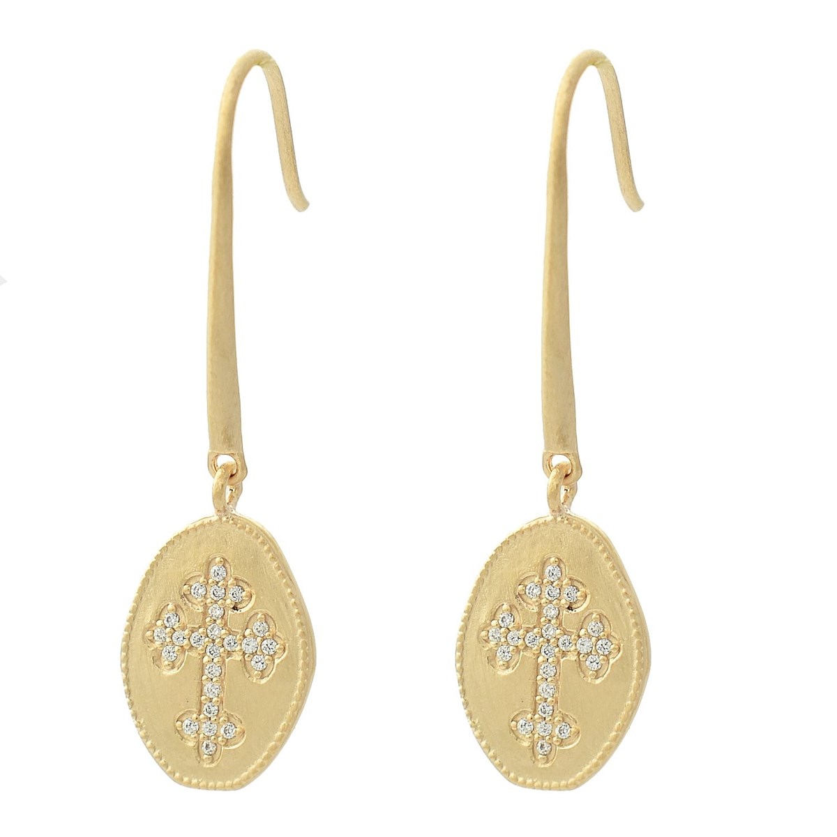 Boucles d'oreilles croix fleur de lys sertie d'oxydes de zirconium Plaqué OR 750 3 microns