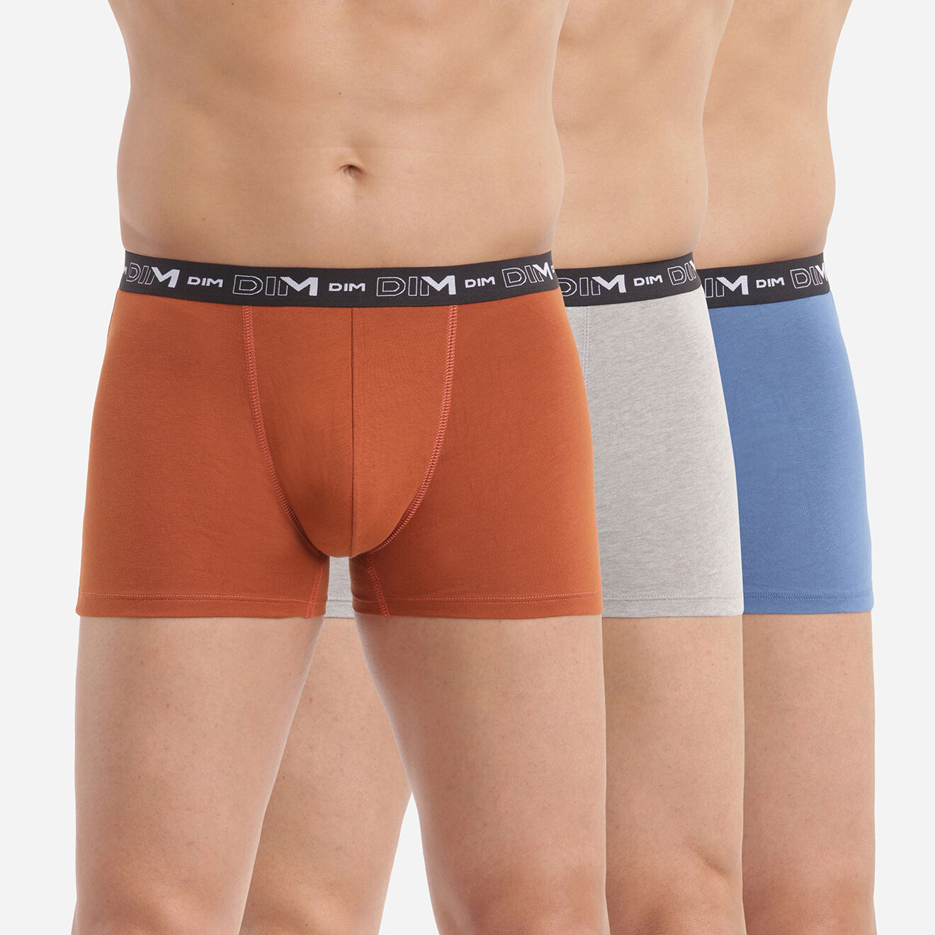 Dim 3 Boxers Coton Stretch gris vaporeux/marron cuivre/bleu turquin