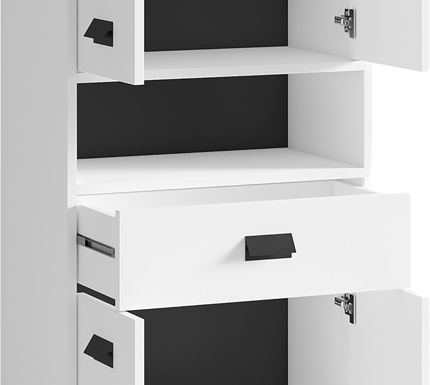 byLIVING Badezimmer-Hochschrank Wellness in Melamin weiß, Griffe aus Metall in schwarz/Badezimmerschrank 4 Türen mit offenen Elementen & viel Stauraum/B 54, H 193, T 31 cm