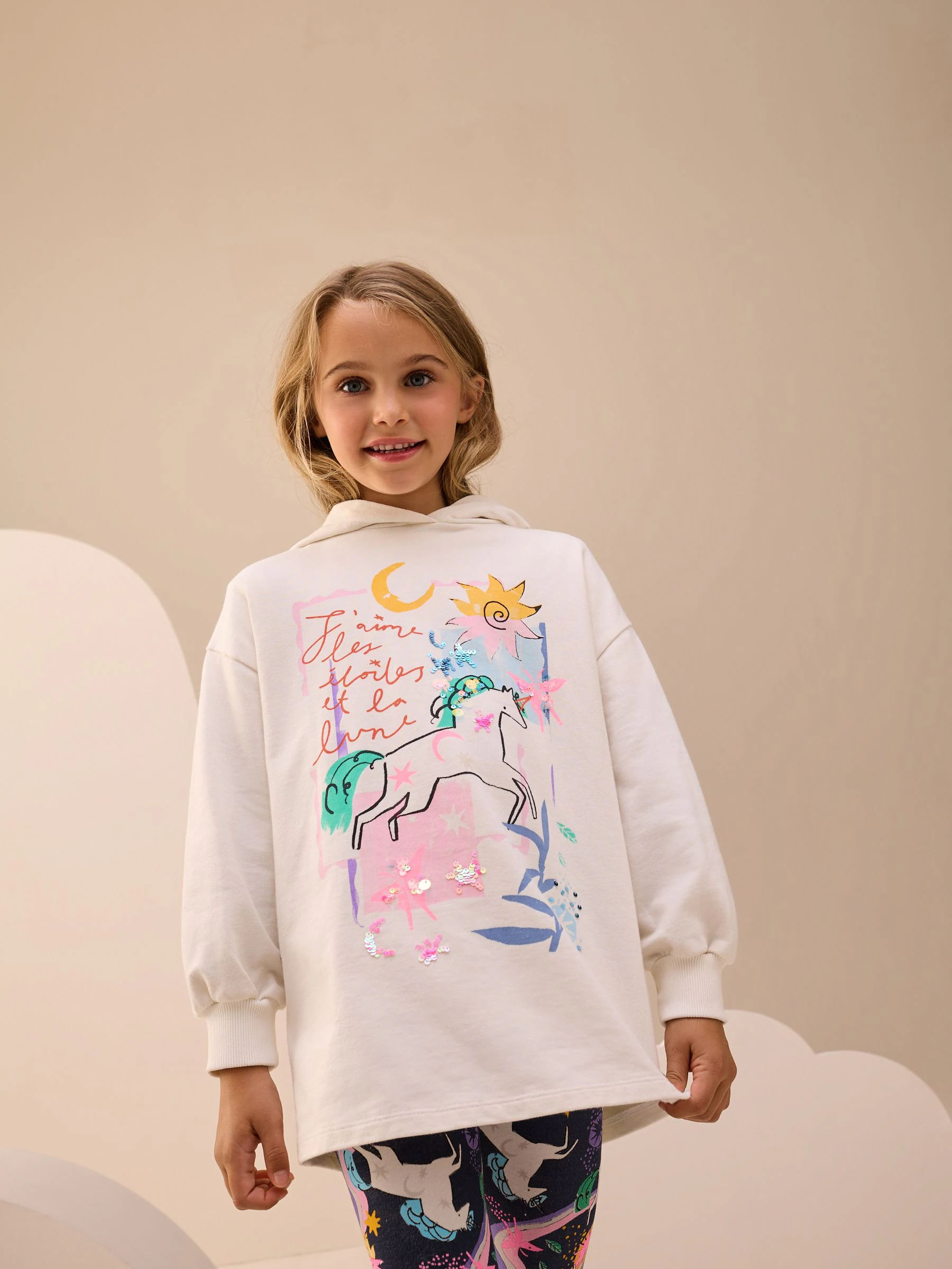 Ecru/marineblauw met eenhoorn - Set van hoodie en legging met grafische print (3-16jr)