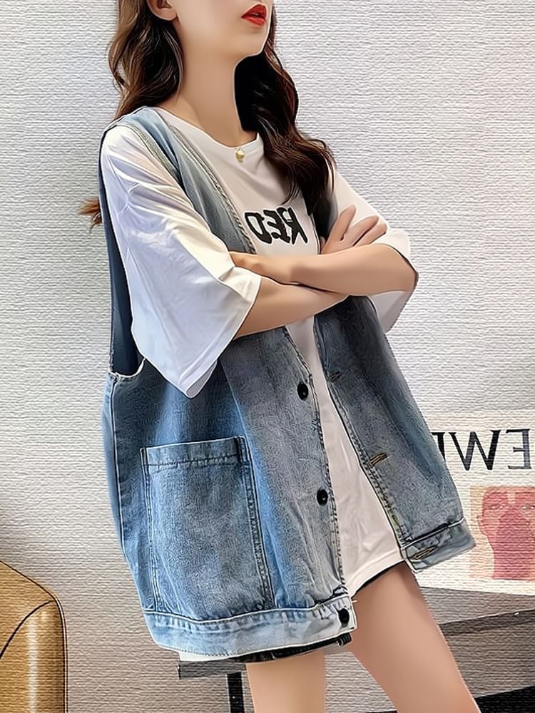 Kloitrinm - Gewassen denim vest met knopen