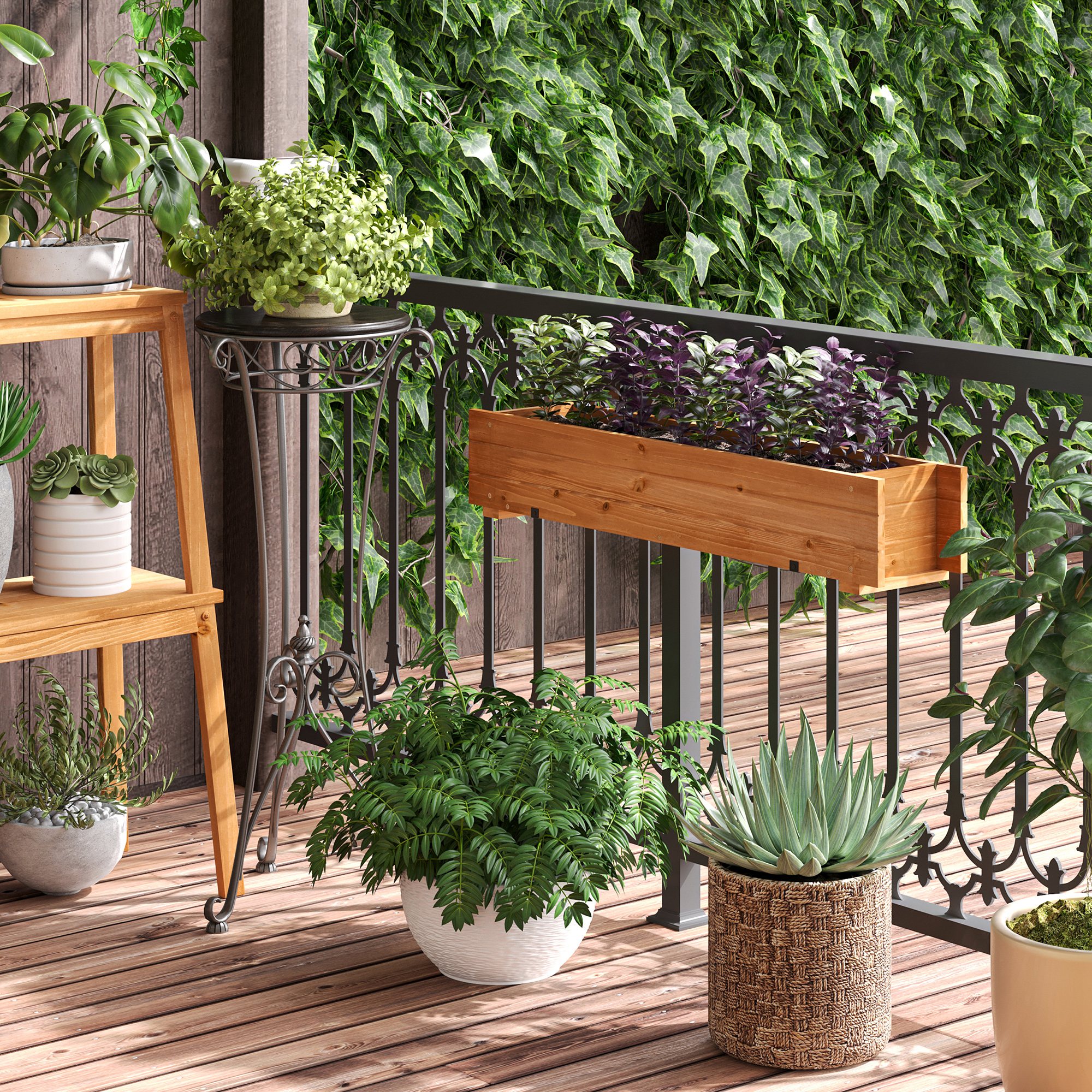 Canteiro retangular de madeira Outsunny para chão ou parede, com 2 furos de drenagem e 2 ganchos para o cultivo de plantas e flores em jardins ou terraços, 91x18x16,5 cm, cor natural.