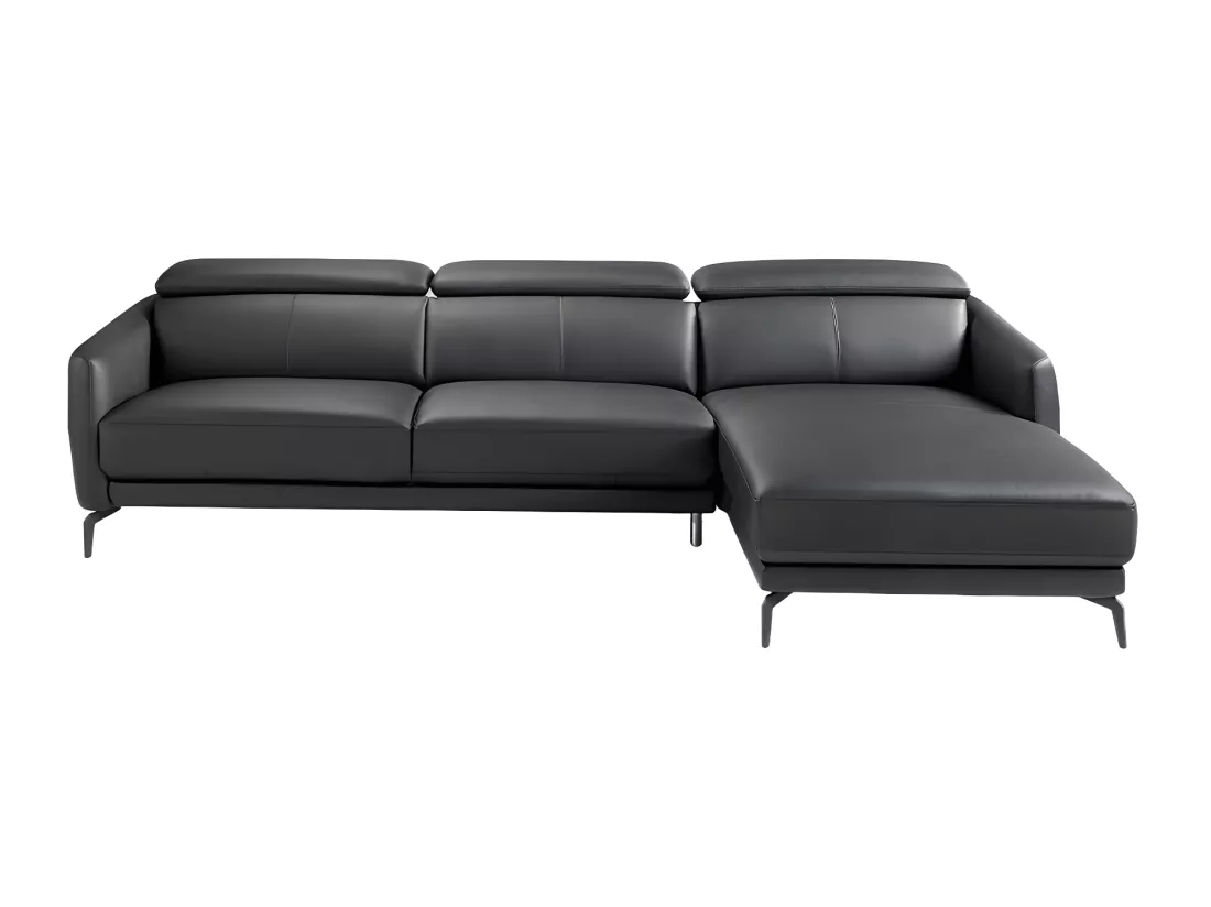 Canapé d'angle droit cuir noir et pieds acier inoxydable Yaro