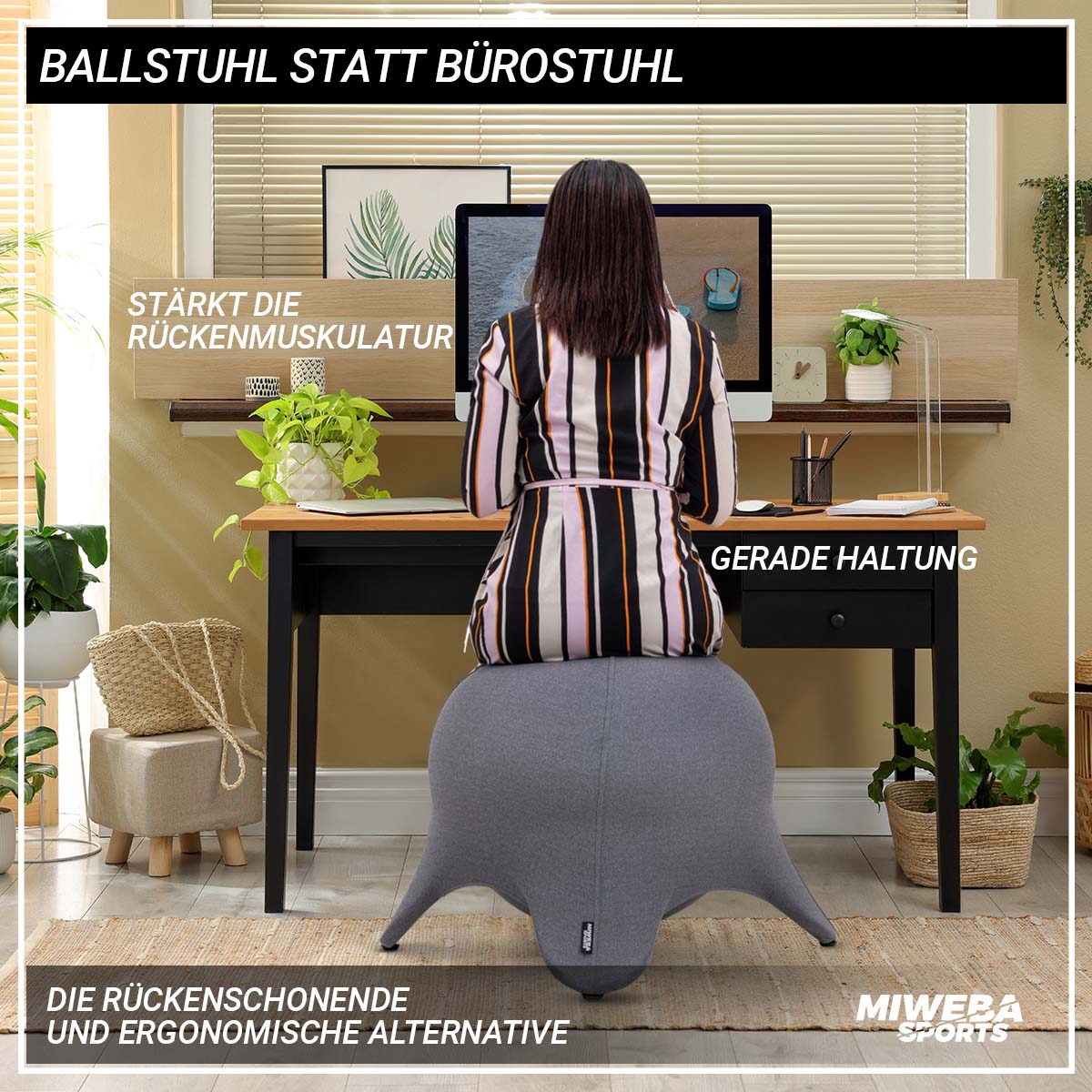 Miweba Sports Ballstuhl Starfish, Sitzball-Stuhl, Gymnastikball, PVC, Metall-Gestell, Stoff-Überzug (Grau)